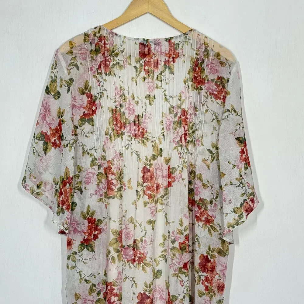 American Eagle Kimono Duster Womens L/XL White Floral Open Front Sheer Pleated - Picture 5 of 8